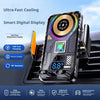 A black car phone holder with a smart digital display and active cooling is shown mounted in a car interior.