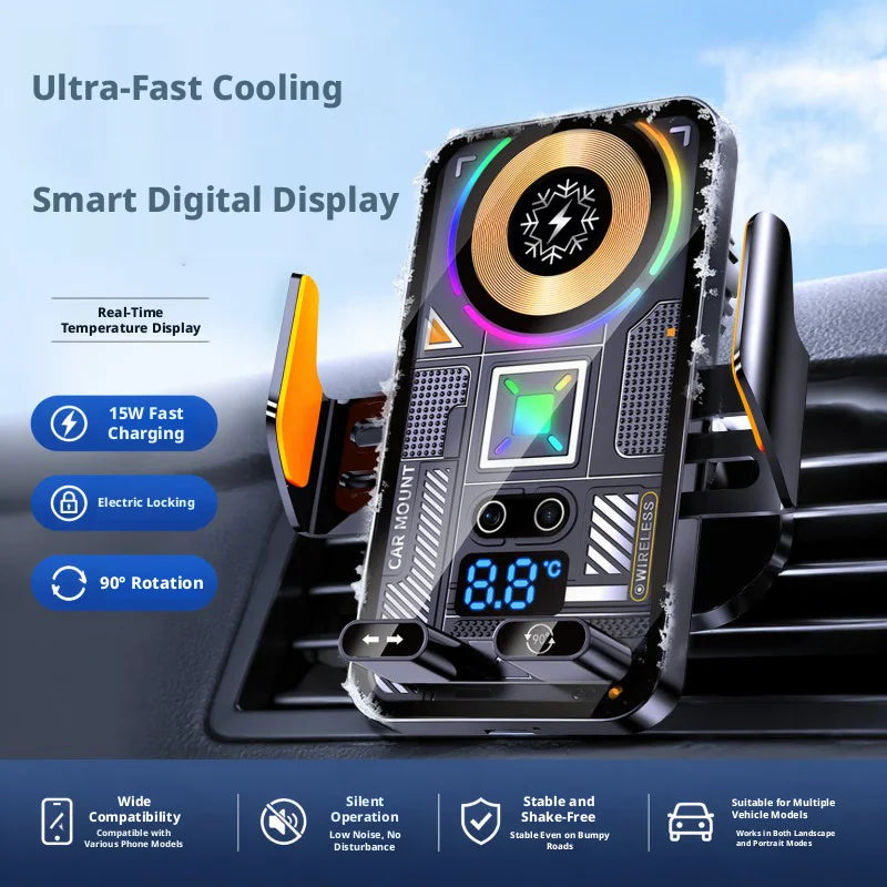 A black car phone holder with a smart digital display and active cooling is shown mounted in a car interior.