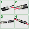 Four steps showing the assembly of a 2-pin locking wire connector for LED and low-voltage applications