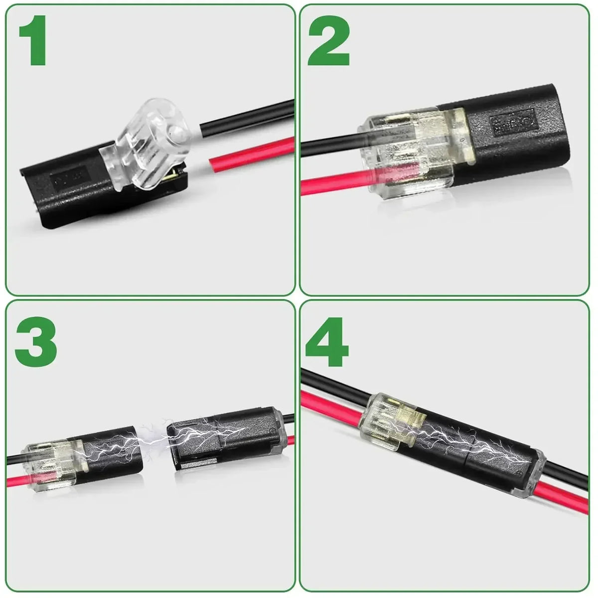 Four steps showing the assembly of a 2-pin locking wire connector for LED and low-voltage applications