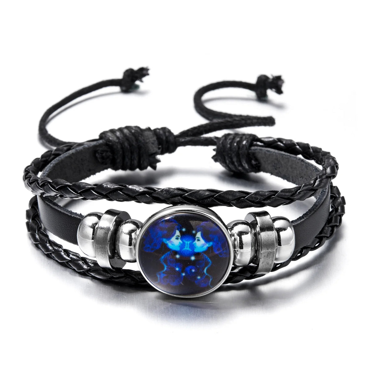 Black leather wrap bracelet featuring a glowing blue zodiac sign charm.