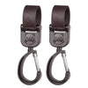 A pair of dark brown 360° rotating stroller hooks for hanging bags and essentials.