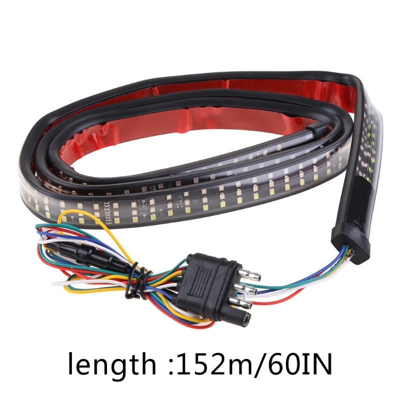 Black LED light bar with wires and connector for a vehicle tailgate.