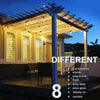 Outdoor string lights illuminating a wooden pergola and house facade at dusk.
