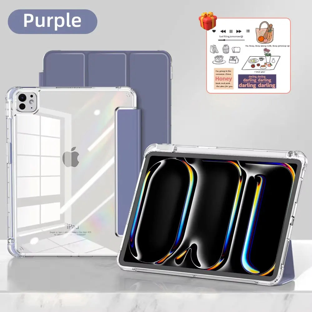 Purple slim trifold iPad case with acrylic back and a protective cover shown next to the product.