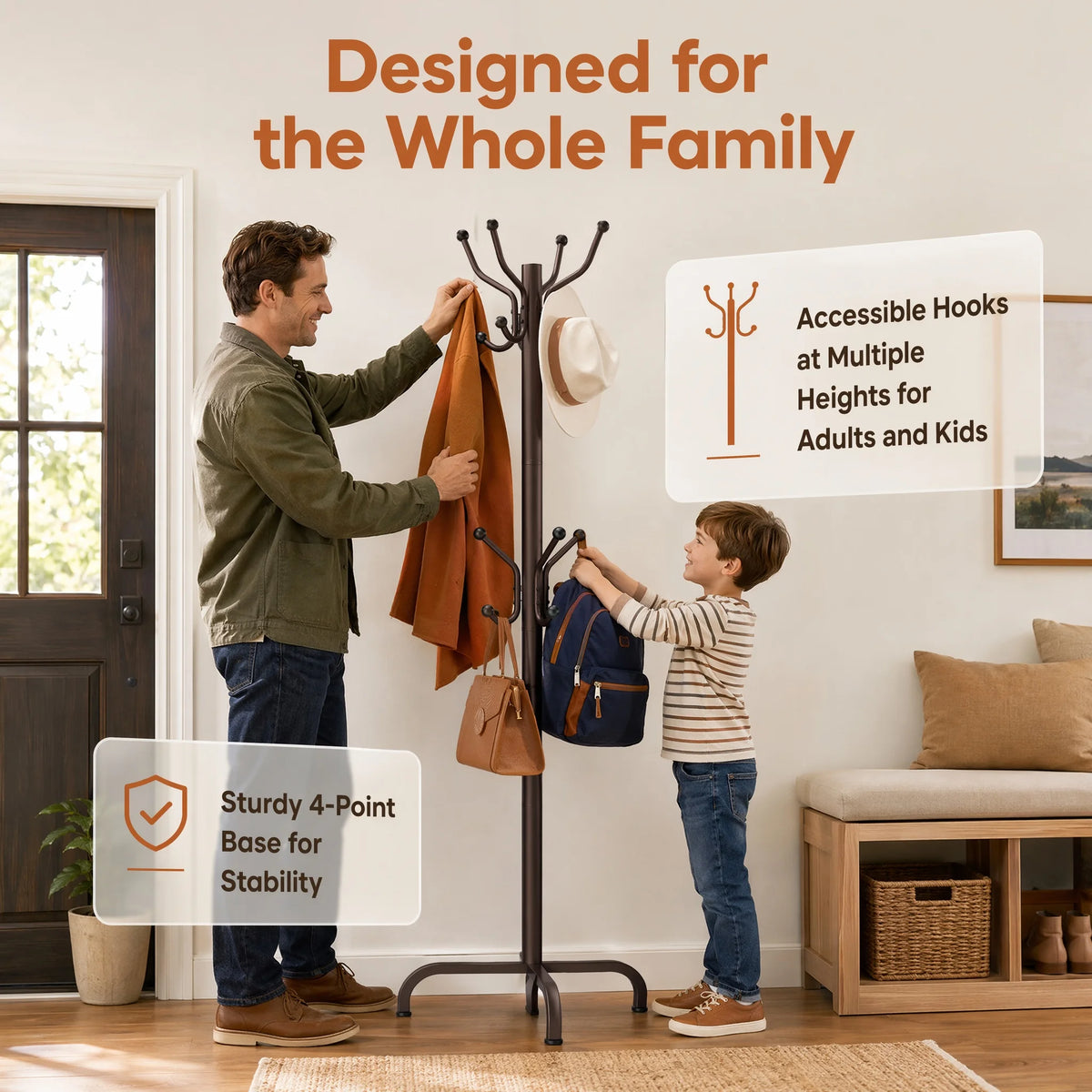 A man and a child are using a freestanding metal coat rack with multiple hooks for coats and hats in a bright room.