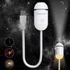 A white 2-in-1 mini projector night light with a USB connector and a light bulb shown against a starry background.