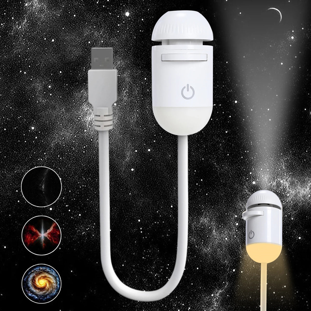 A white 2-in-1 mini projector night light with a USB connector and a light bulb shown against a starry background.