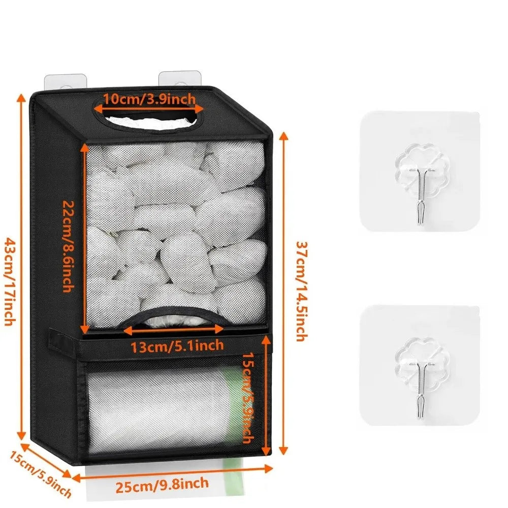 Black wall-mounted 2-in-1 bag holder dispenser with two compartments for kitchen and pantry storage