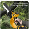 A hand is operating a yellow and black high-powered single-hand saw while cutting through a tree branch.