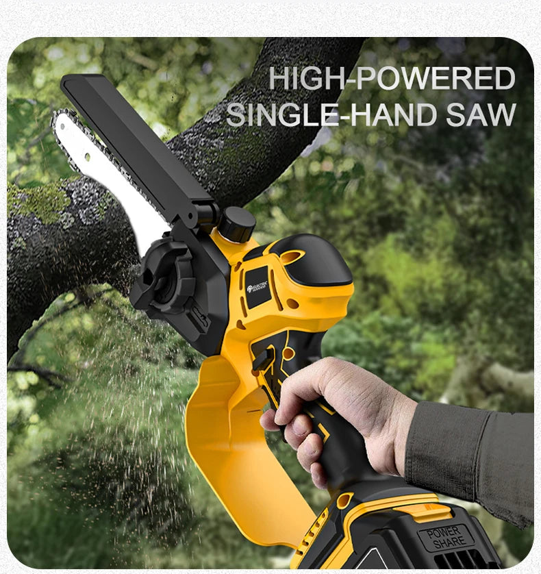 A hand is operating a yellow and black high-powered single-hand saw while cutting through a tree branch.