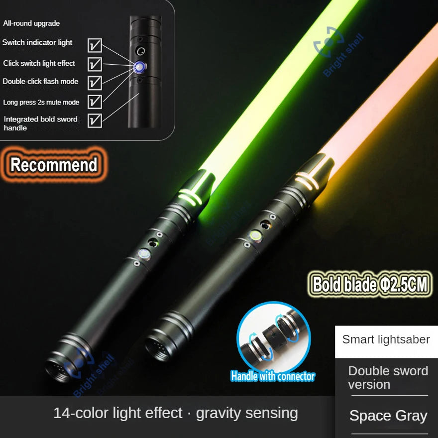 A black lightsaber with a bright green blade and a handle, demonstrating various light effects and features.