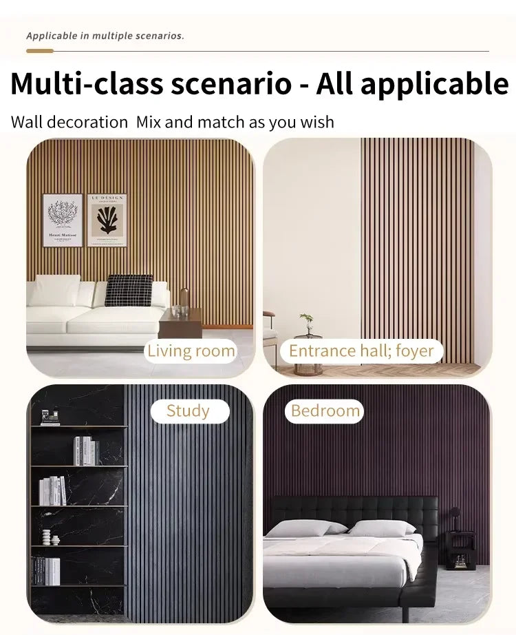 Multi-class scenario showing self-adhesive wood grain wall panels used for decoration in living room, foyer, study, and bedro