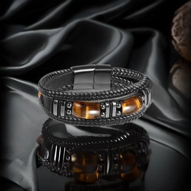 Tiger Eye & Black Leather Men's Bracelet