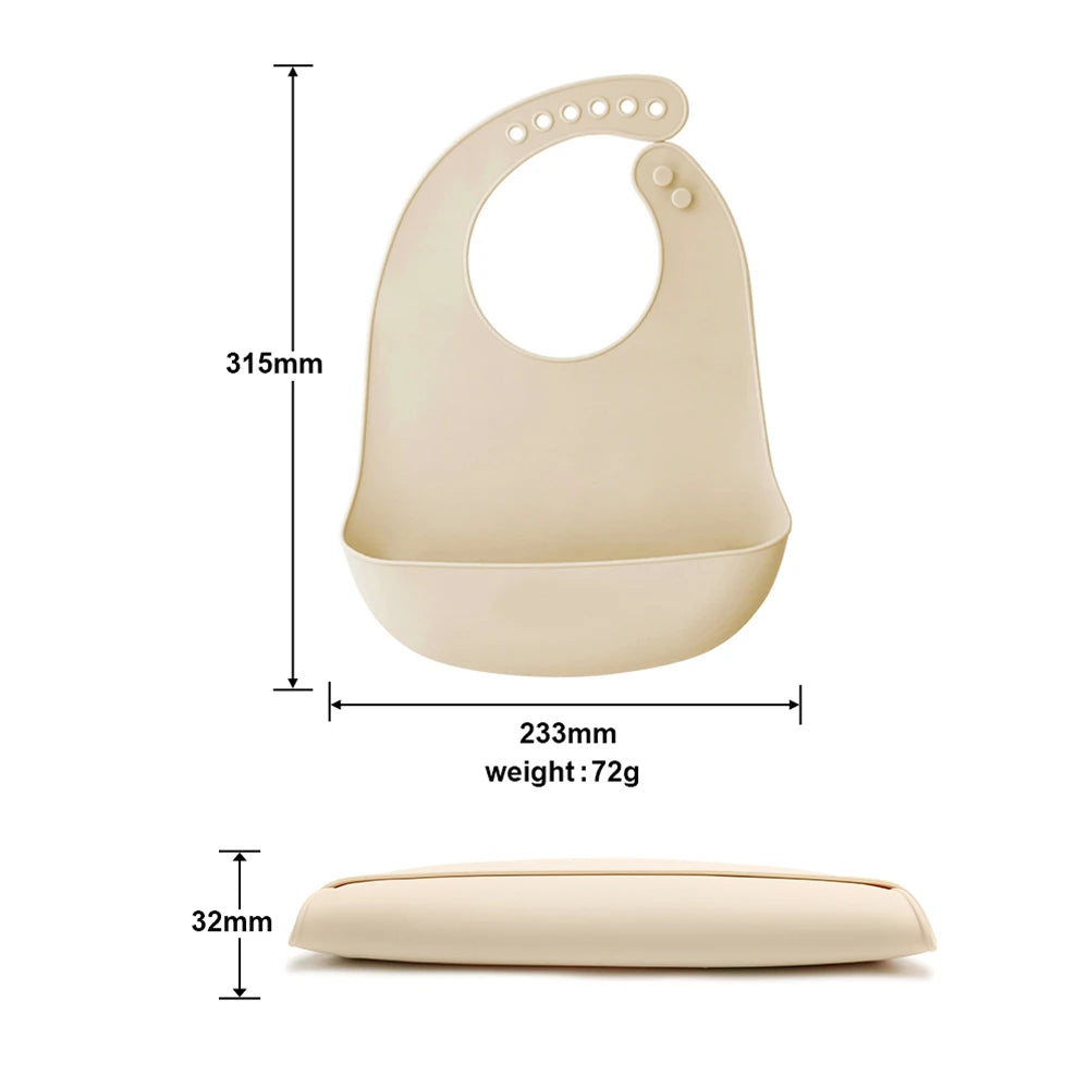 A beige silicone baby bib with a catch pocket and a separate thin silicone piece shown in various dimensions.