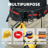 A multipurpose tool belt hook is shown attached to a work belt, with various tools like a helmet, electrical cable, tape, and