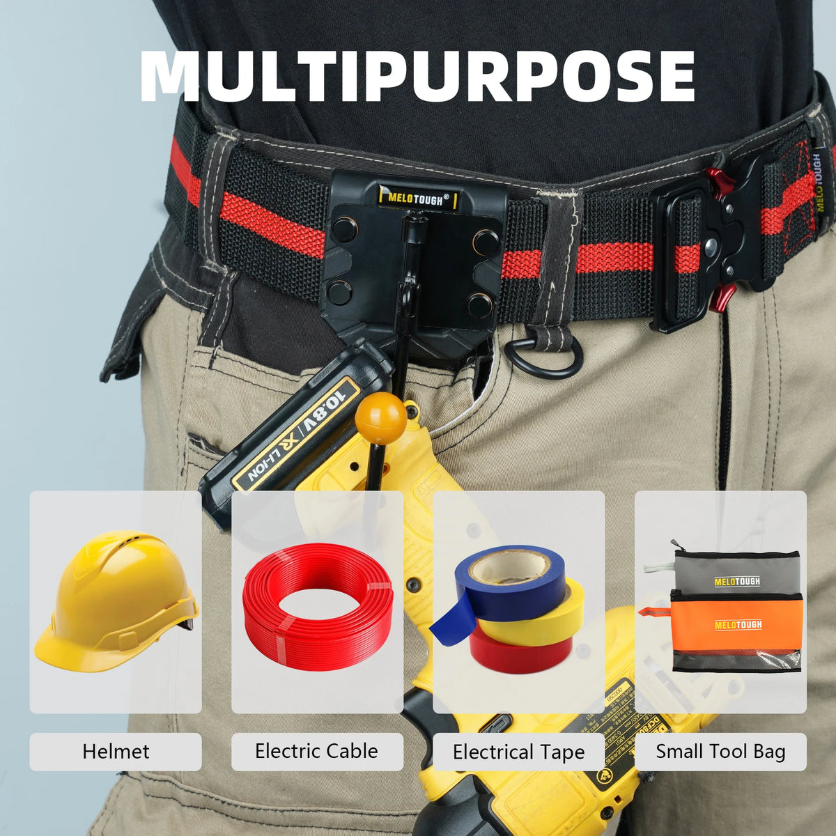 A multipurpose tool belt hook is shown attached to a work belt, with various tools like a helmet, electrical cable, tape, and