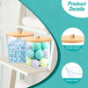 Clear acrylic detergent pod storage container with bamboo lid and handle design filled with colorful pods