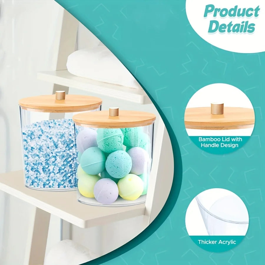 Clear acrylic detergent pod storage container with bamboo lid and handle design filled with colorful pods