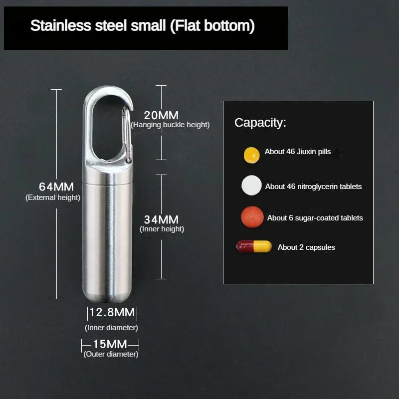 Stainless steel pill capsule with a hanging buckle and keychain, showing internal and external dimensions.