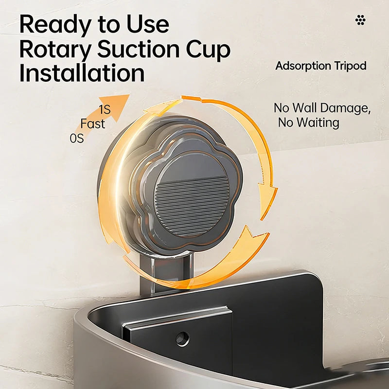A close-up of a rotary suction cup installation on a shower caddy, demonstrating easy, no-drill organization.