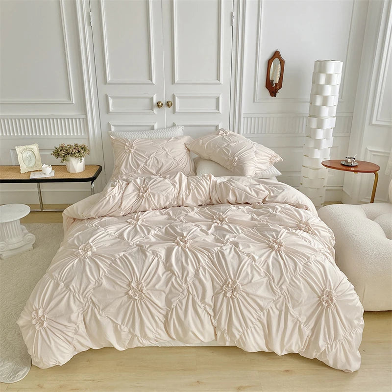 Beige Three-Dimensional Floral Duvet Cover Set