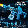 A blue electric water gun is shown with various accessories and dimensions.