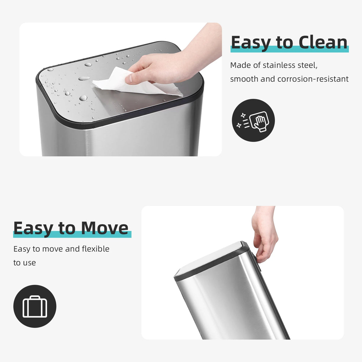 A stainless steel trash can with a soft-close lid being wiped clean, demonstrating its easy to clean feature.