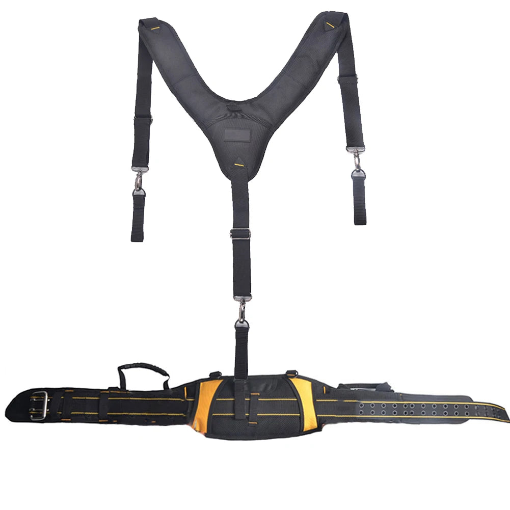 Black adjustable tool belt and suspenders with lumbar support for tool carrying