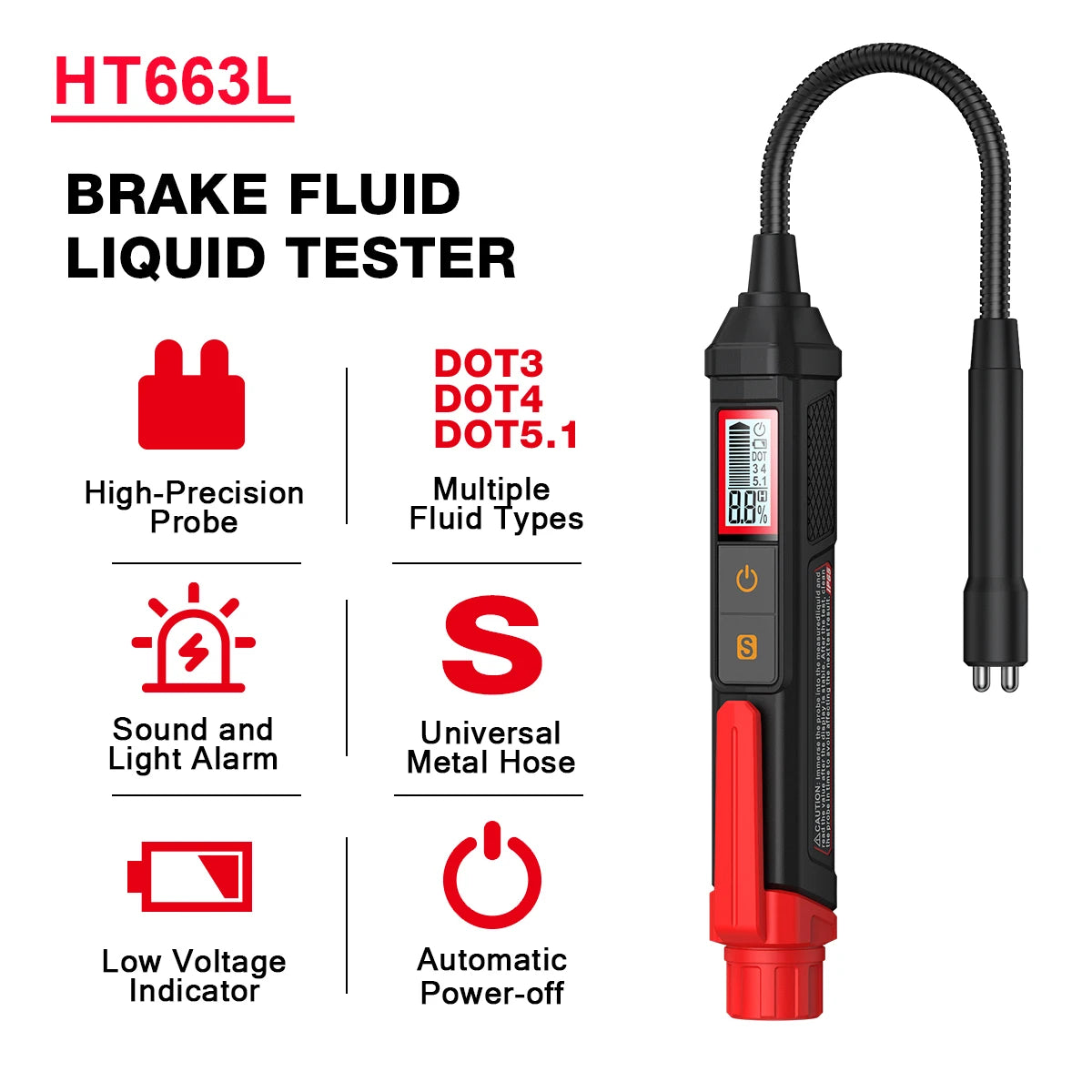 A black digital brake fluid tester with a flexible hose and various indicators for checking DOT3, DOT4, and DOT5.1 fluids.