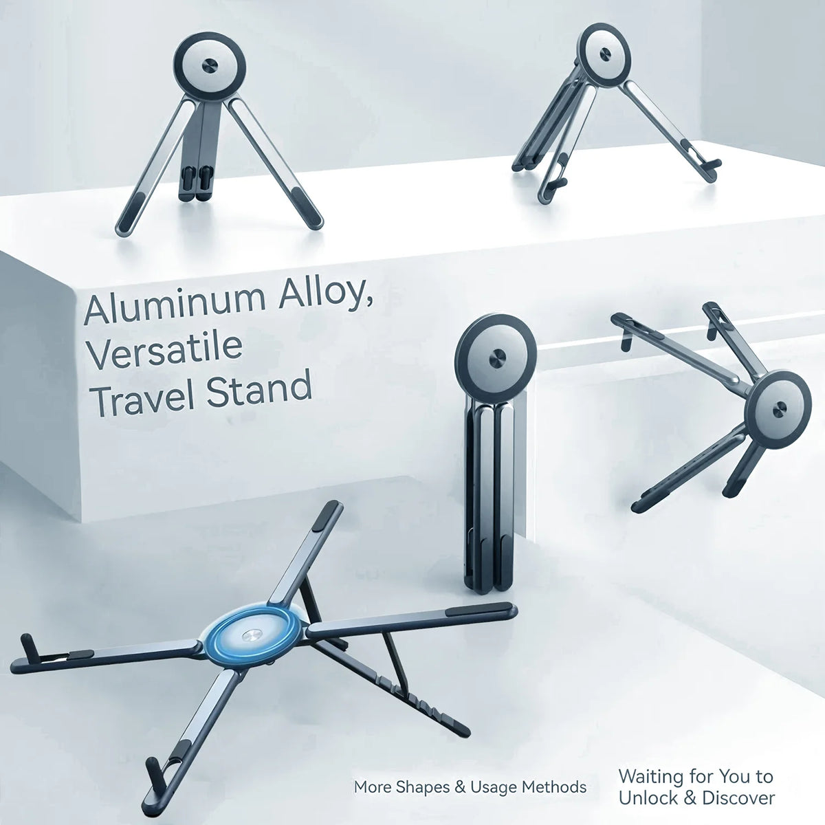 Aluminum Alloy versatile travel stand with magnetic phone holder and tripod features