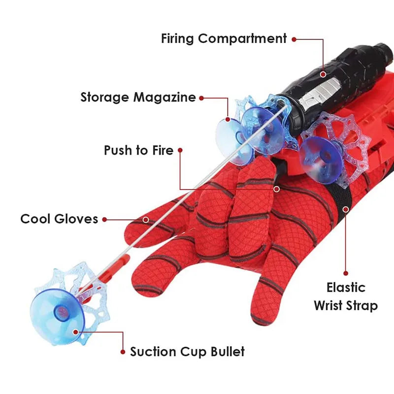 Rote Superheldenhandschuhe mit Saugnapf-Kugeln und einer Abgabekammer für Web-Shooter