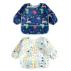 A pair of colorful waterproof long-sleeve baby bibs featuring various animal and nature patterns.