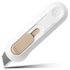 Weißer Präzisions-Mini-Papiercutter mit beige-Klinge in diagonaler Ansicht.