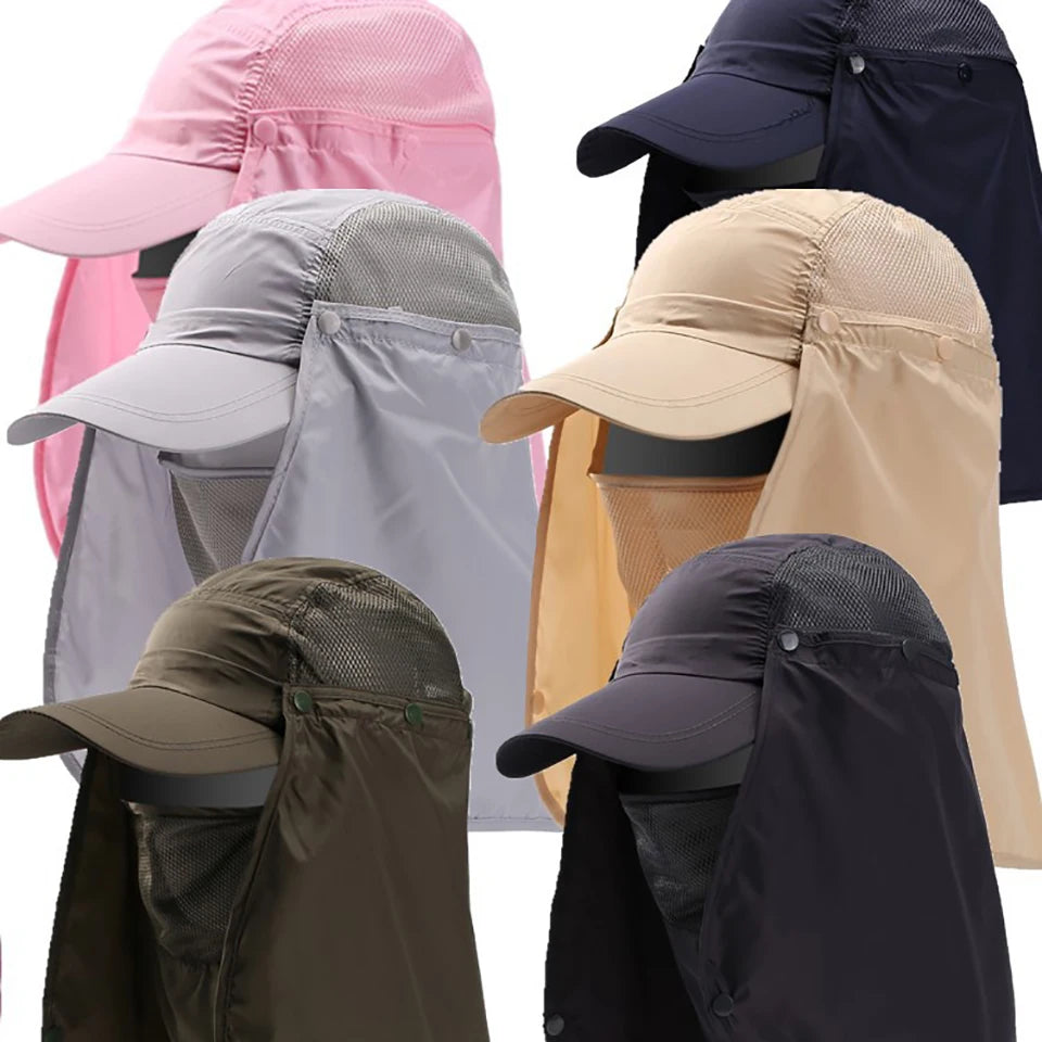 A collection of various colored UPF 50+ breathable wide brim sun hats for men and women.