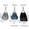 Three versions of a wall-mounted garbage bag holder showing routine, upgrade with side pockets, and oversized options.