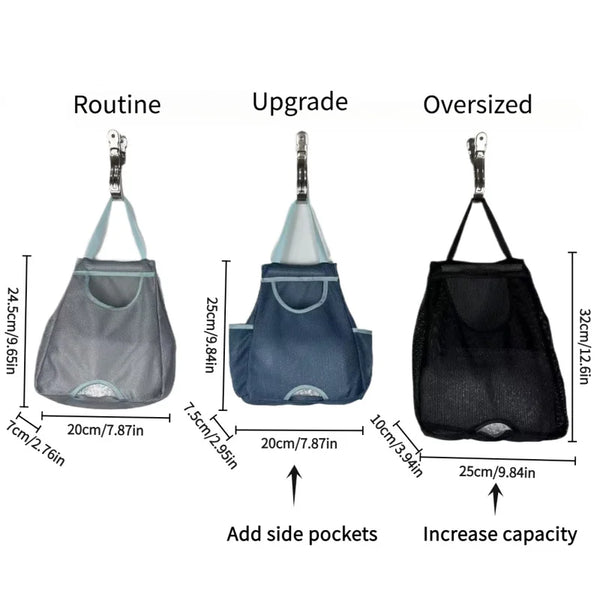 Three versions of a wall-mounted garbage bag holder showing routine, upgrade with side pockets, and oversized options.