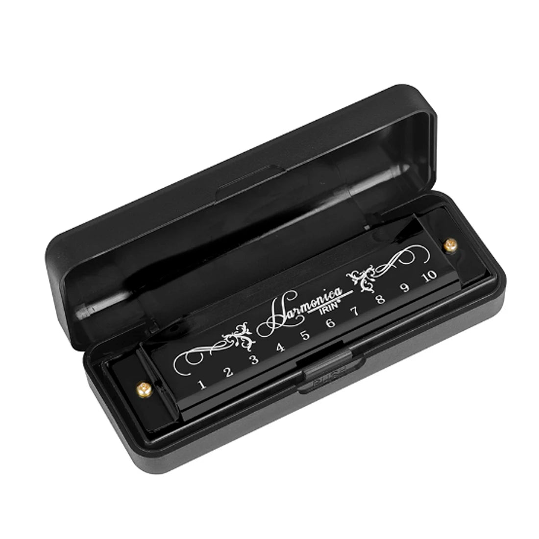 Black harmonica case with a 10-hole design and numbered keys
