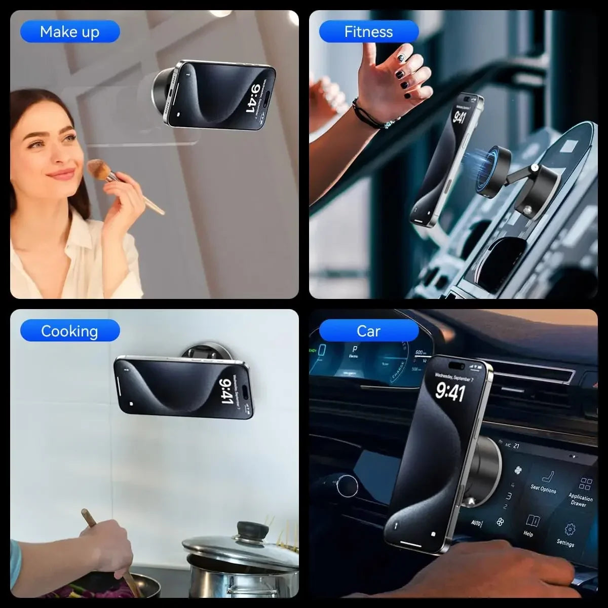 A 360° magnetic car phone mount with a suction cup is shown in various contexts including makeup, fitness, and cooking.