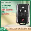 A black remote key fob for a Chevrolet Silverado or GMC Sierra truck is displayed on a light surface.