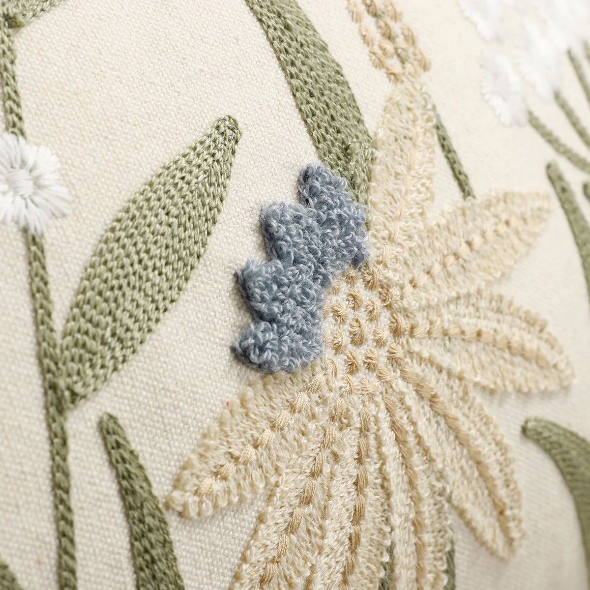Close-up of a beige fabric with embroidered floral and leaf designs in muted green and gray tones.