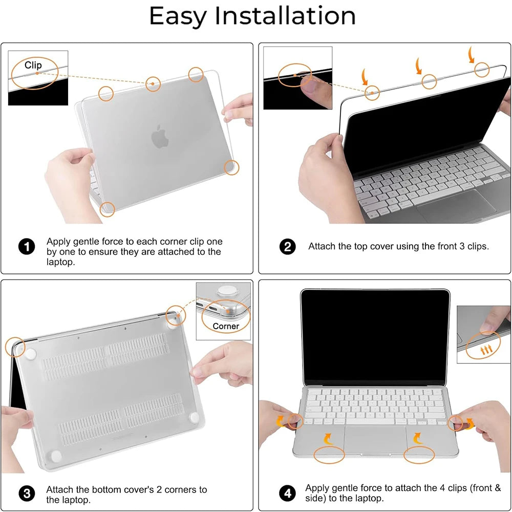 Instructions for easy installation of a durable hard shell case for a MacBook with a keyboard cover.