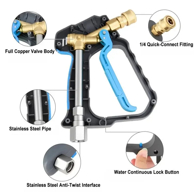 A rotating car wash pressure gun assembly showing the full copper valve body, stainless steel pipe, and a blue handle with a 