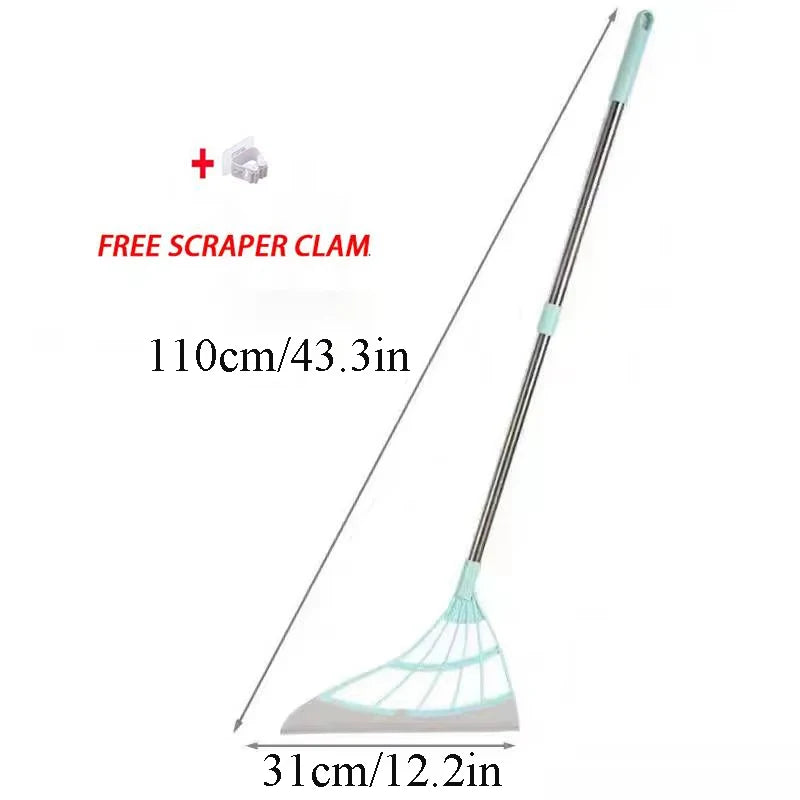 A silicone squeegee broom with a long adjustable handle and a wide cleaning head.