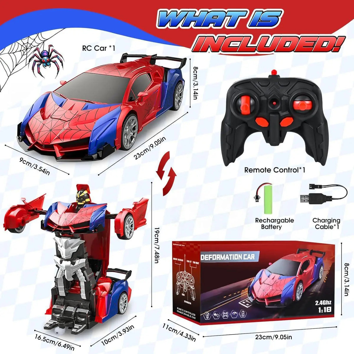 1:18 Scale RC Stunt Car with 360° Spin, LED Lights & One-Button Transformation