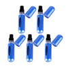 A set of five blue travel-friendly refillable perfume spray bottles arranged in a row.