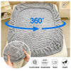 A gray plush mattress cover with an elastic edge is shown, demonstrating 360-degree coverage and features including comfort, 