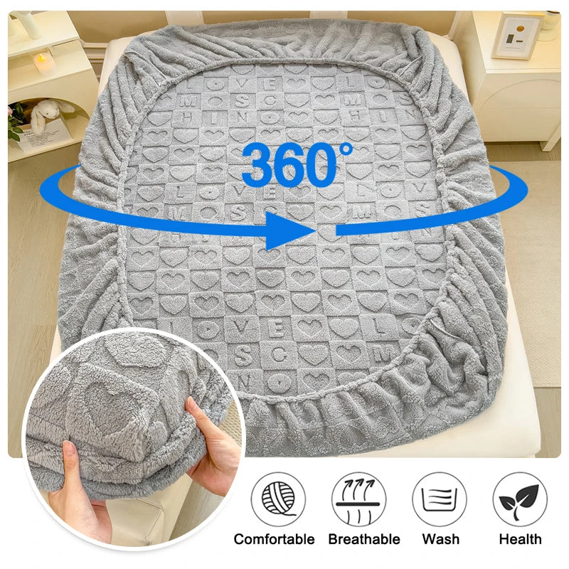 A gray plush mattress cover with an elastic edge is shown, demonstrating 360-degree coverage and features including comfort, 