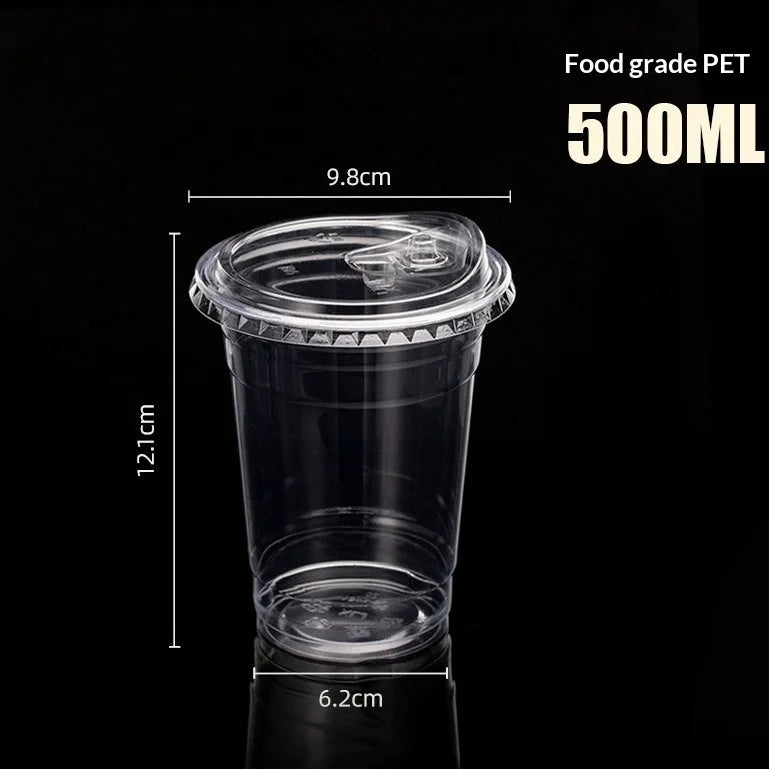 Clear food grade PET disposable cup with lid, measuring 9.8cm in height and 500ml capacity.