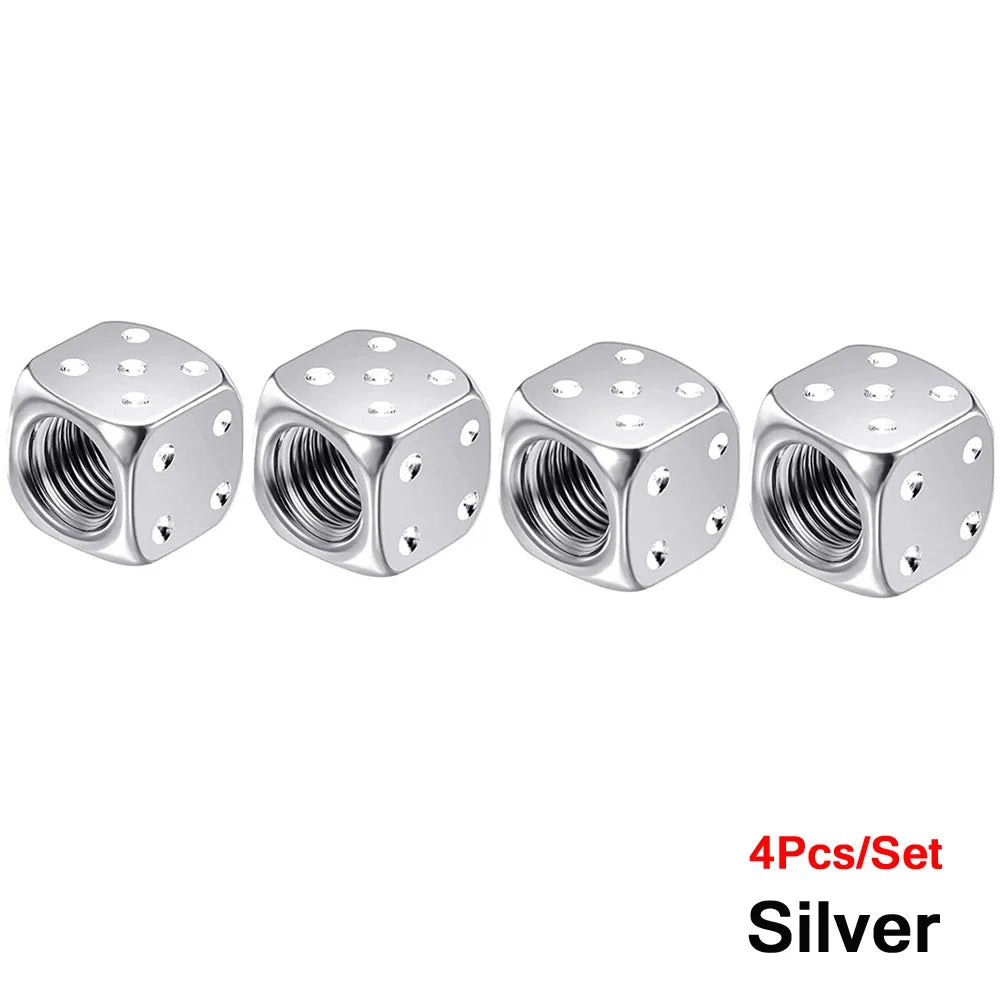 Set of four silver aluminum alloy dice design tire valve caps